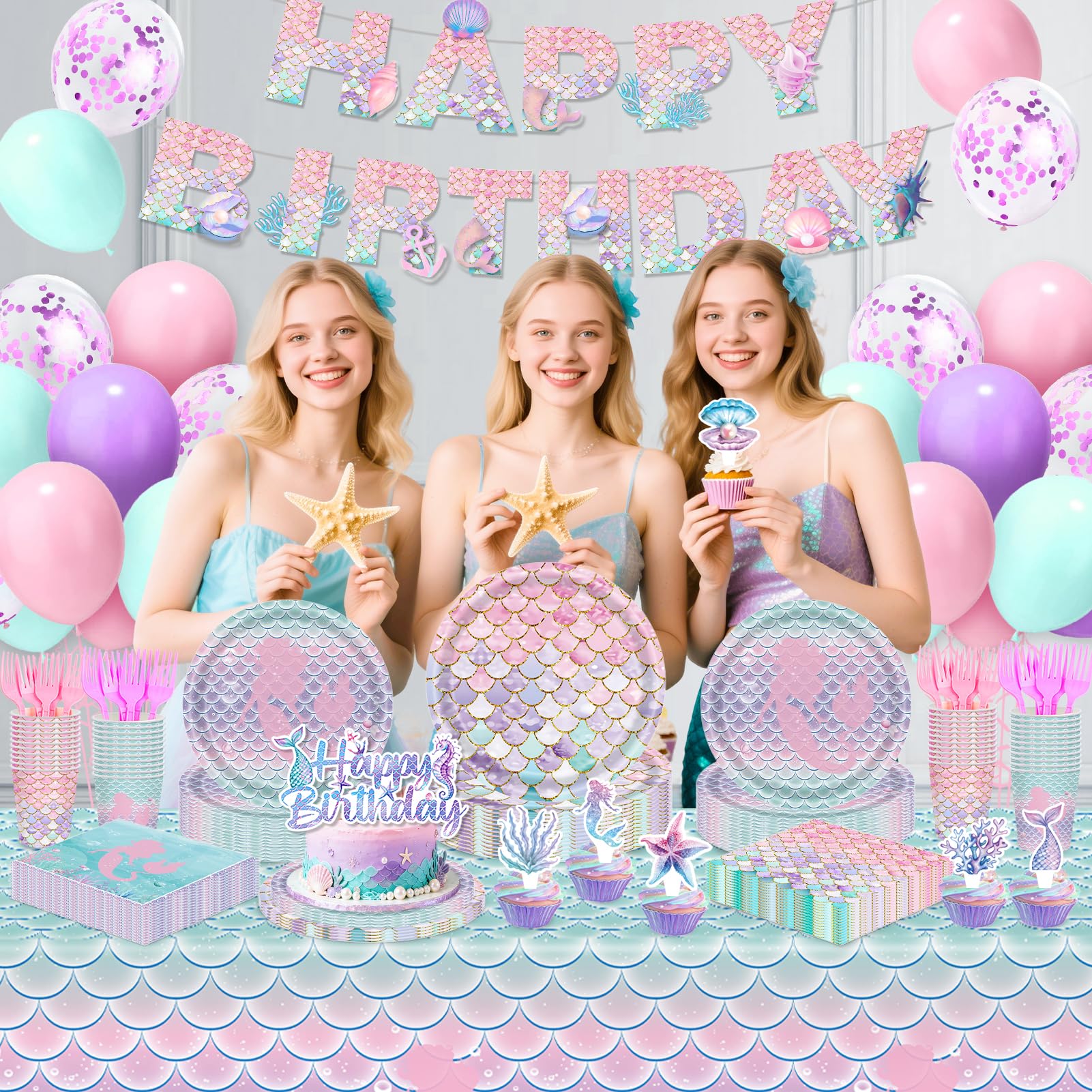Miucat mermaid party setup shows a cohesive ocean-themed decor plan