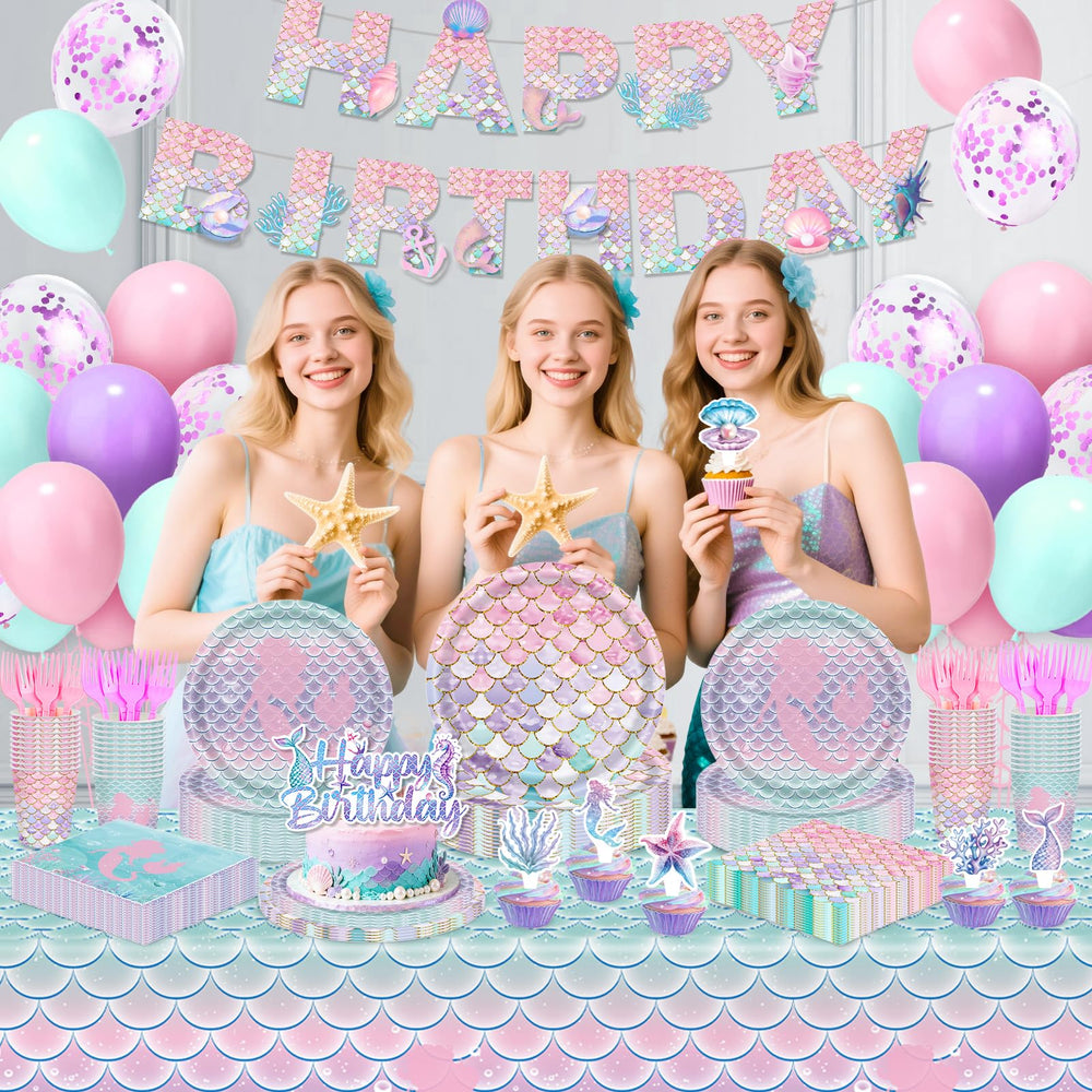 Miucat mermaid party setup shows a cohesive ocean-themed decor plan
