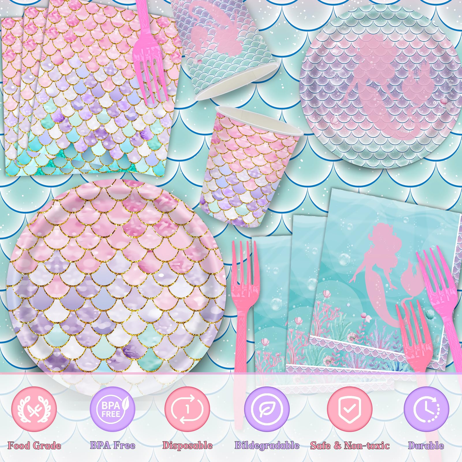 Miucat mermaid plates in pink and purple tones for festive dining