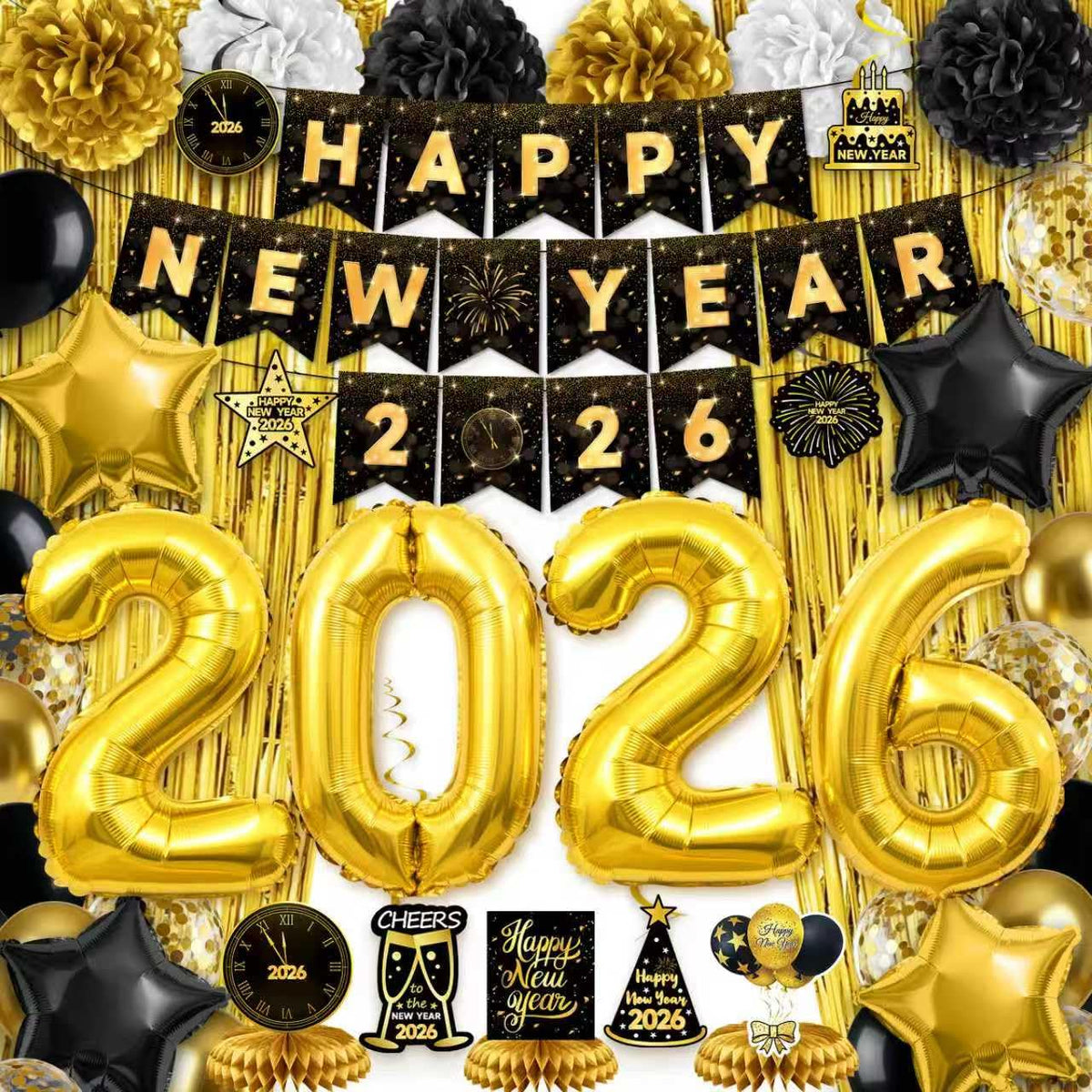 Miucat new years banner adds bold black and gold for a dramatic party entrance