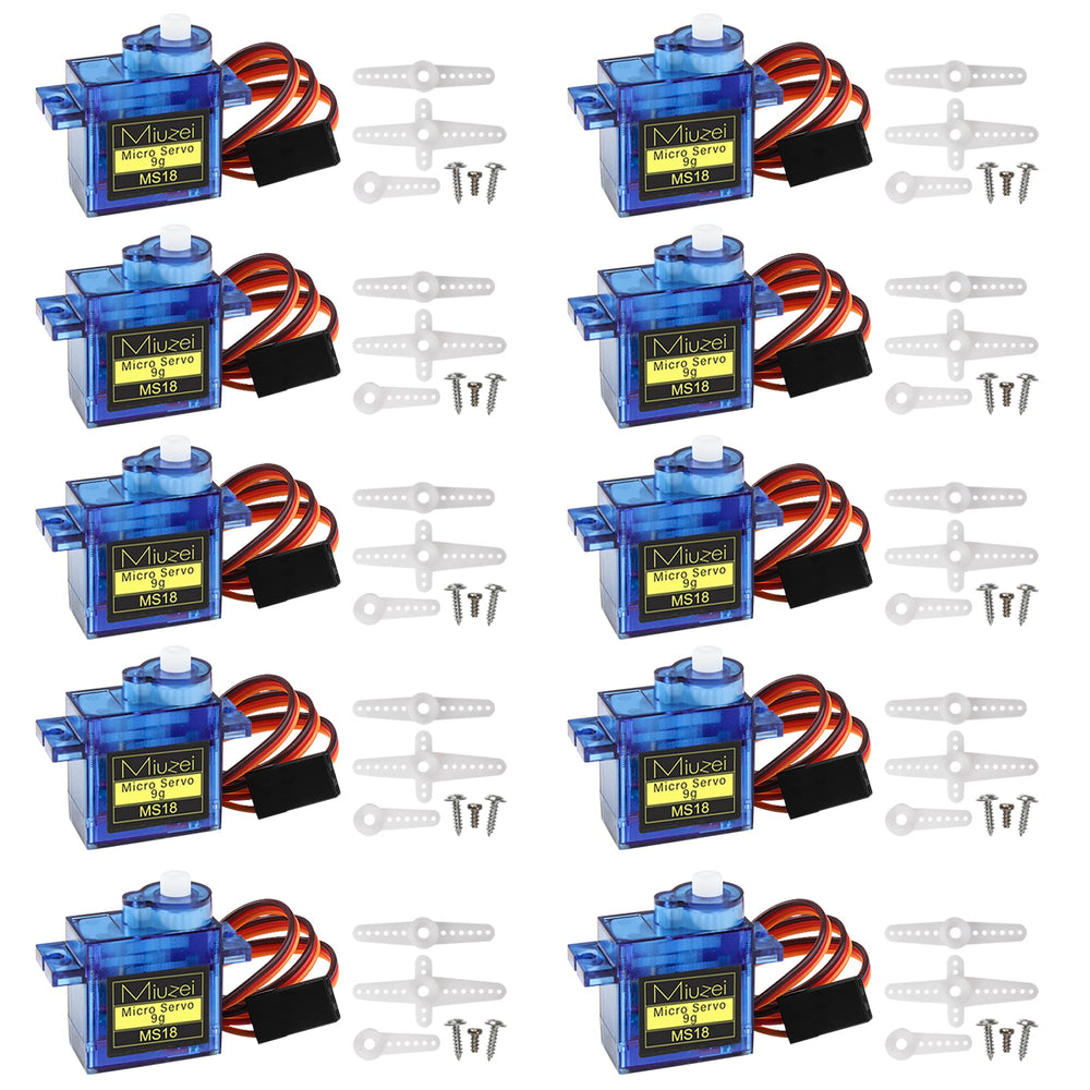 Miuzei SG90 9G micro servo motor front view for compact RC projects.