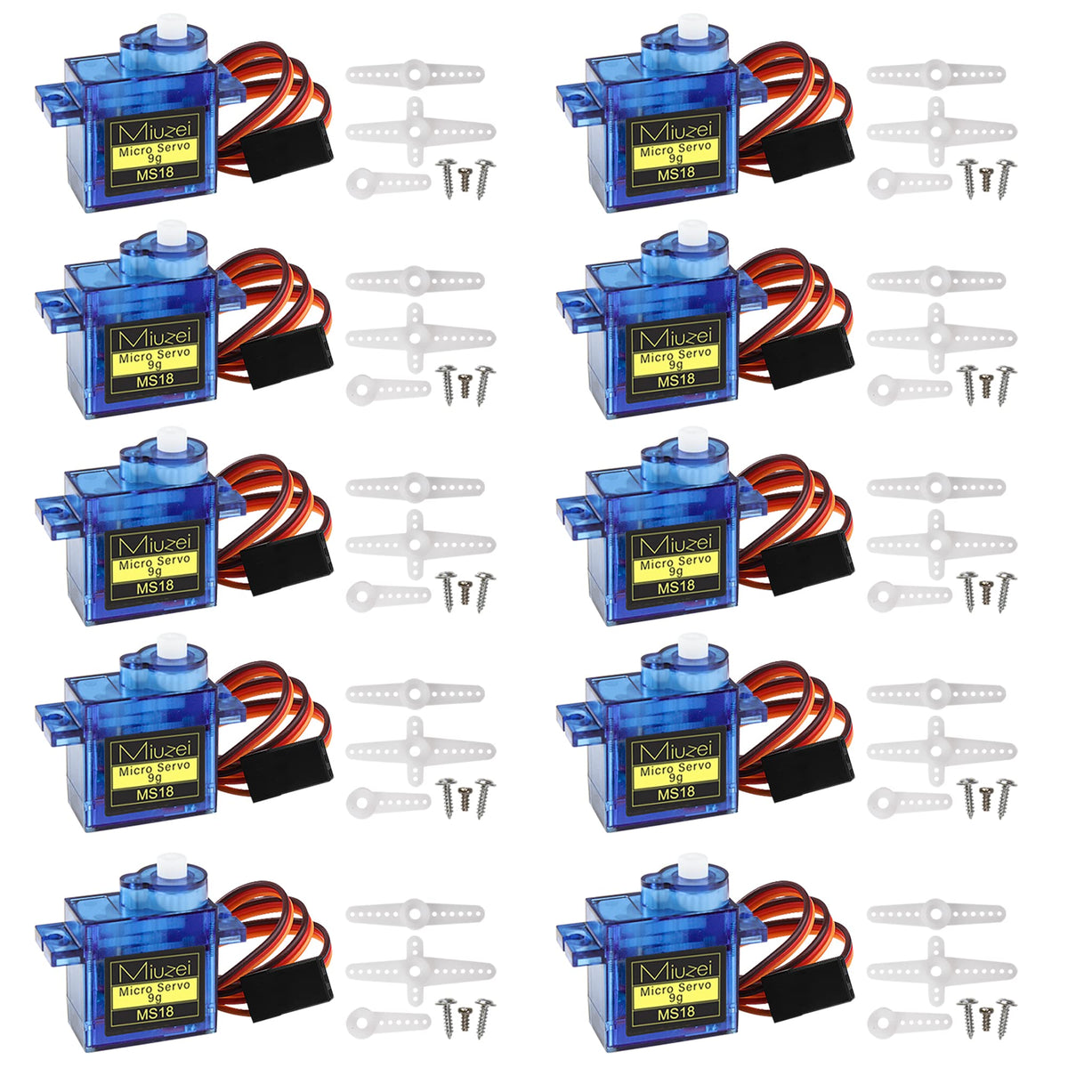Miuzei SG90 9G micro servo motor front view for compact RC projects.