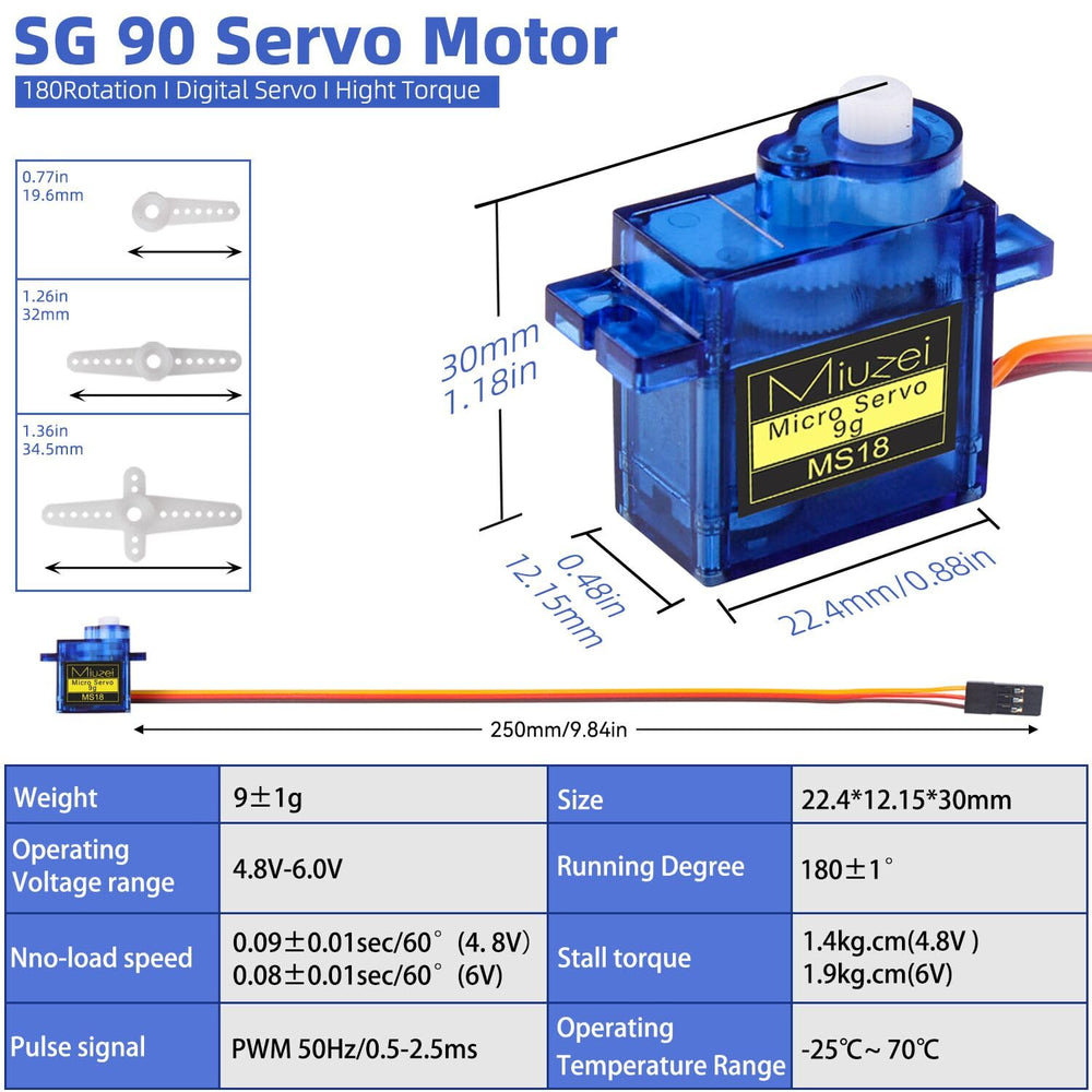 Miuzei SG90 9G servo wiring kit supports easy Arduino integration.