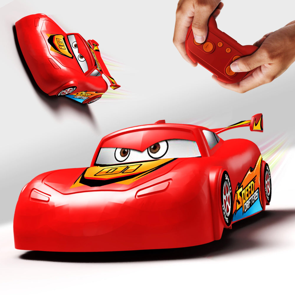 MIXSHAKE RC racing car on red body climbs walls for immersive indoor play.