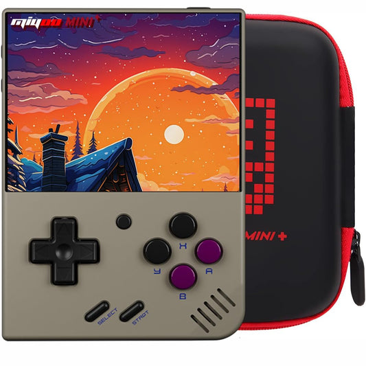Miyoo Mini Plus gray handheld with 3.5-inch IPS screen for crisp retro visuals.