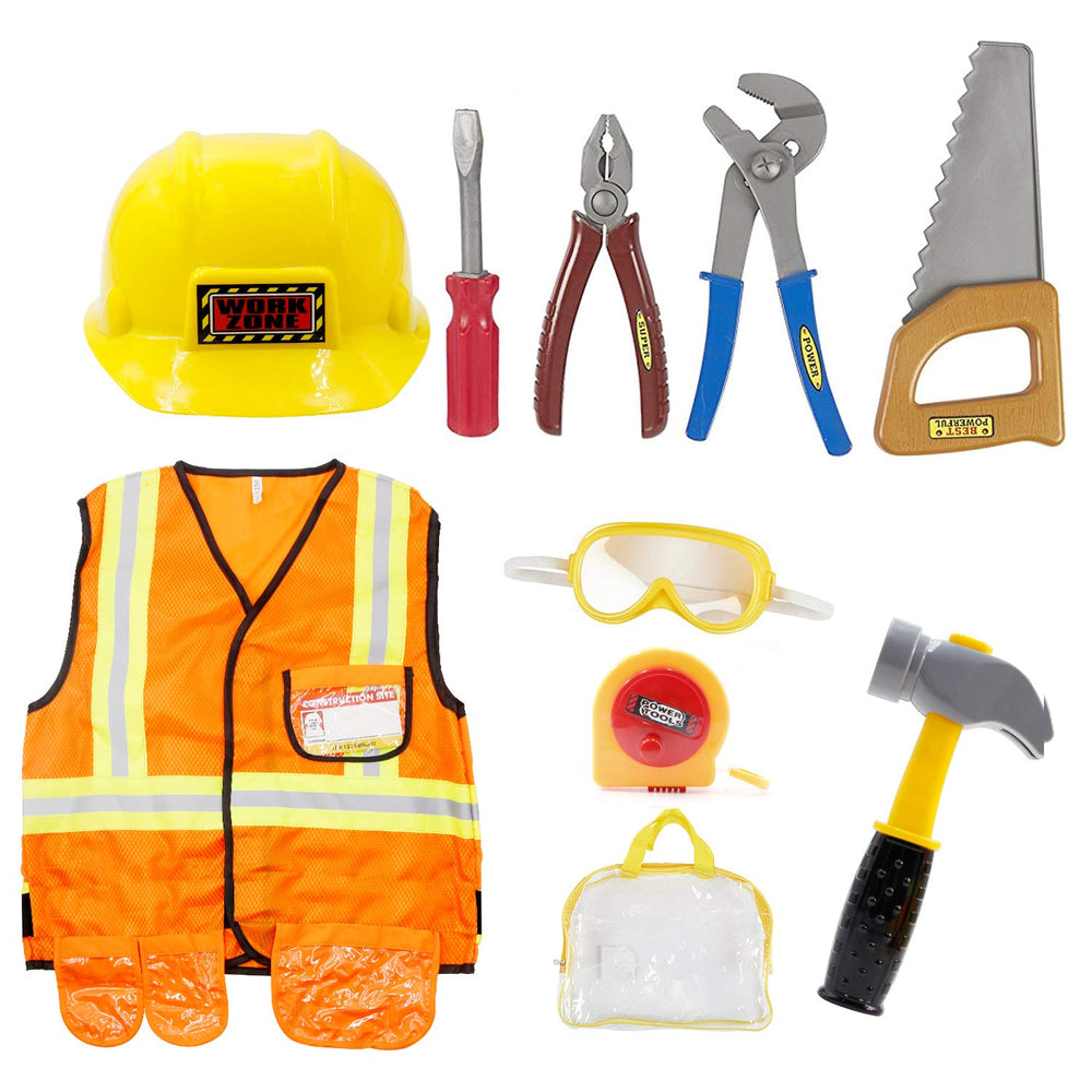 Mizzuco construction worker costume set for kids with tools, inspiring imaginative play.