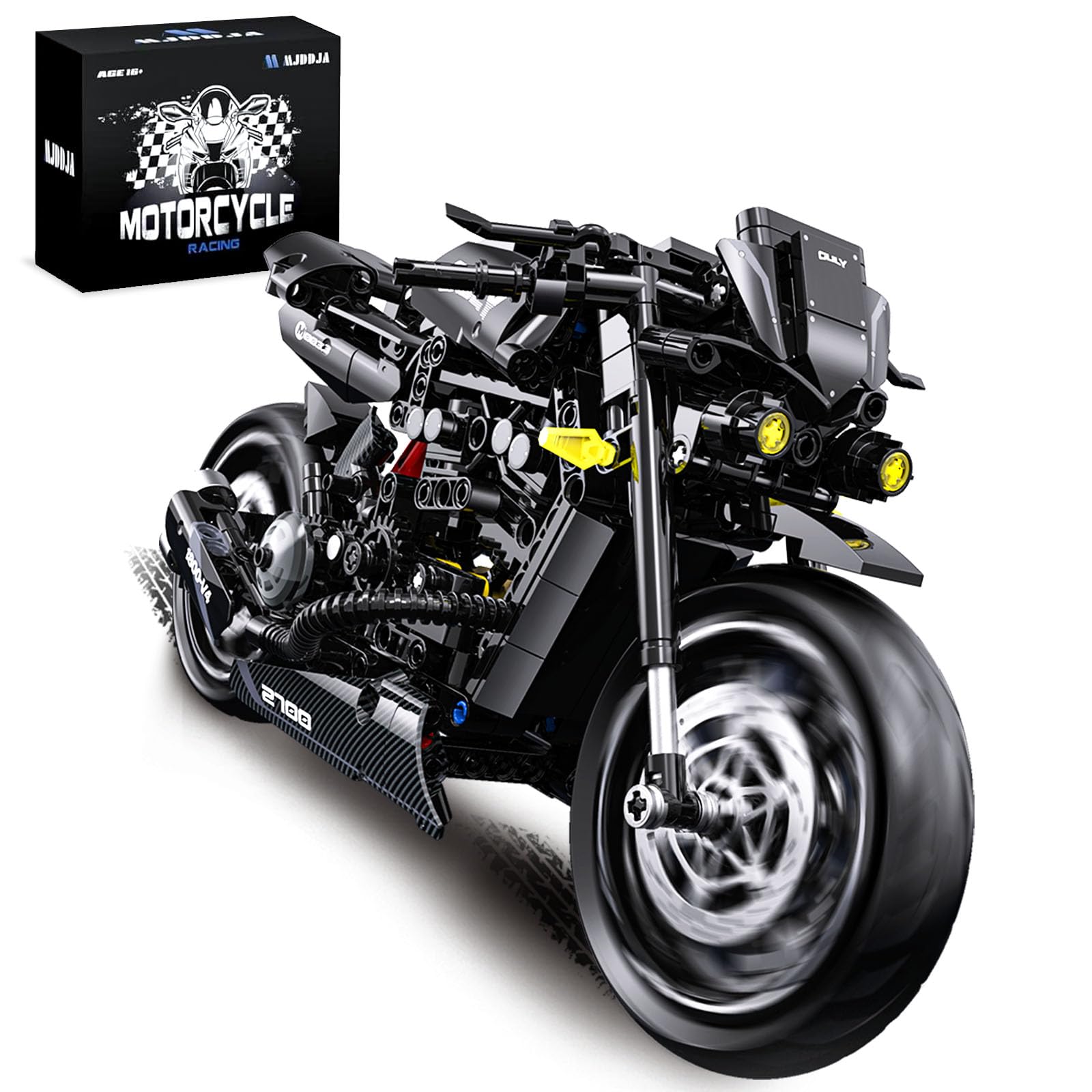 MJDDJA 1:8 motorcycle model on display stand, perfect for desk or shelf display.