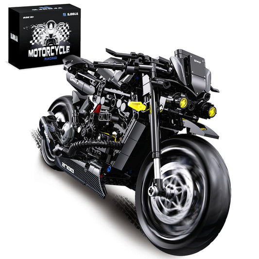 MJDDJA 1:8 motorcycle model on display stand, perfect for desk or shelf display.