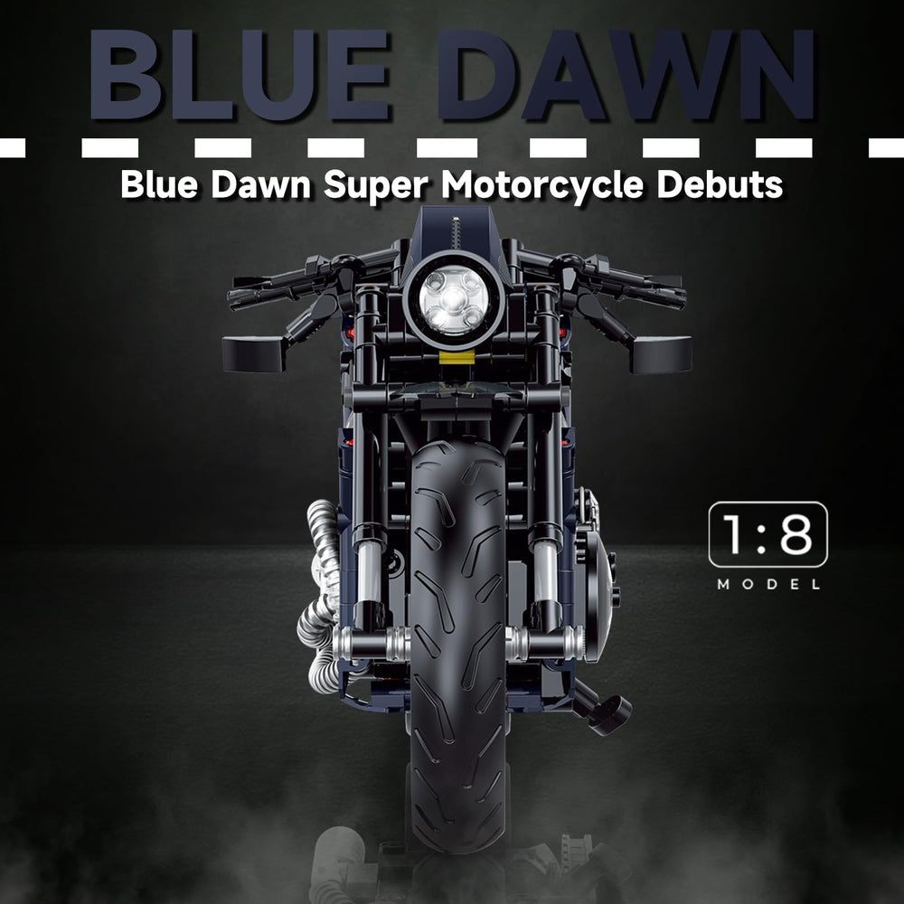 MJDDJA 1:8 motorcycle model kit, front view, precise construction for collectors
