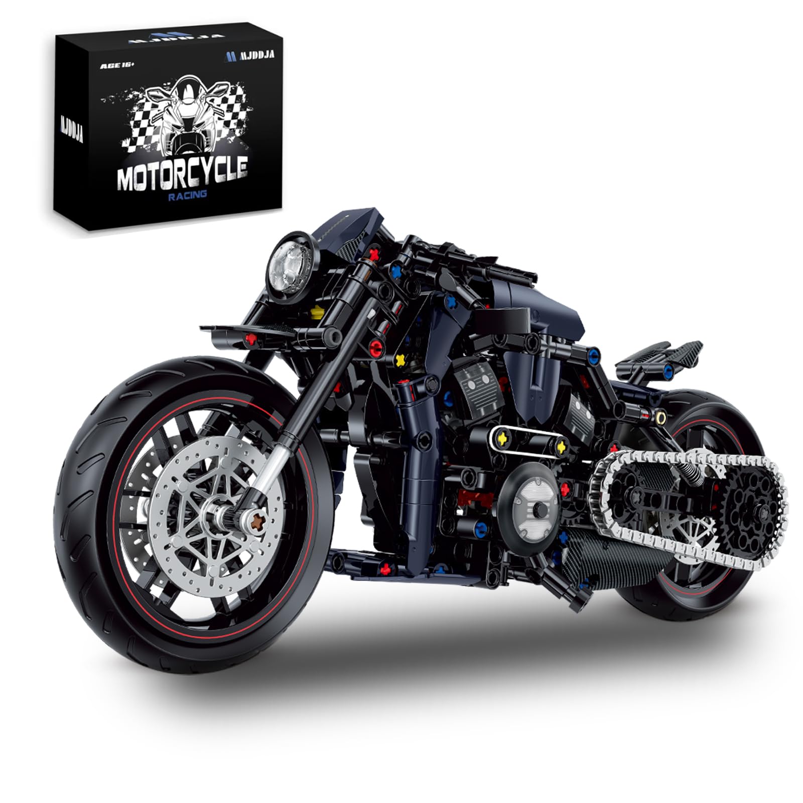 MJDDJA 1:8 motorcycle model kit, side view, detailed parts for adult display