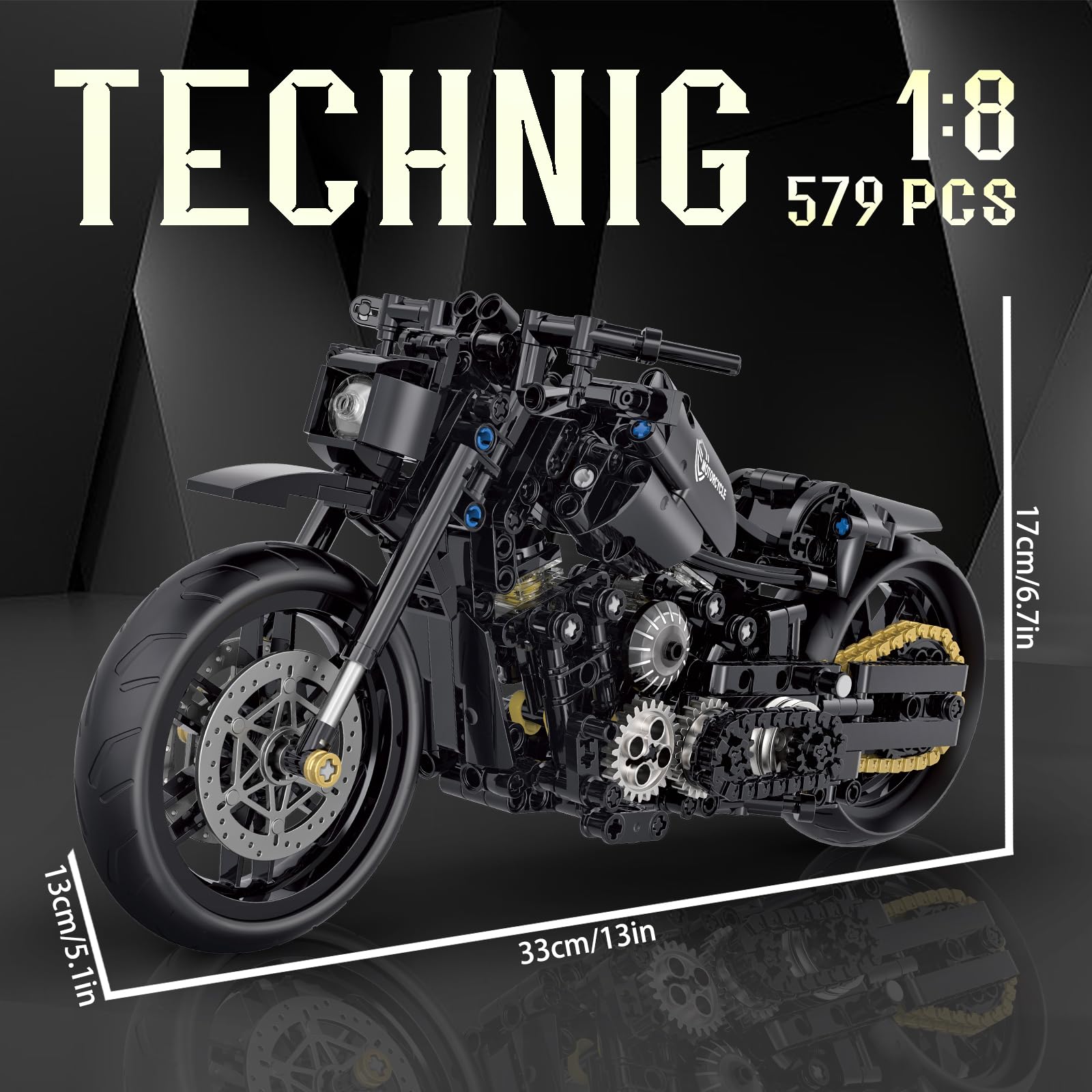 Dimensions display the compact but impressive 1:8 motorcycle model.