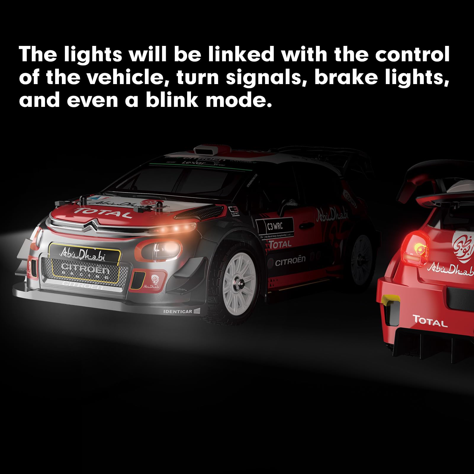 MJX Hyper GO 14303 Citroen C3 tire set with oil-filled shocks for varied surfaces.