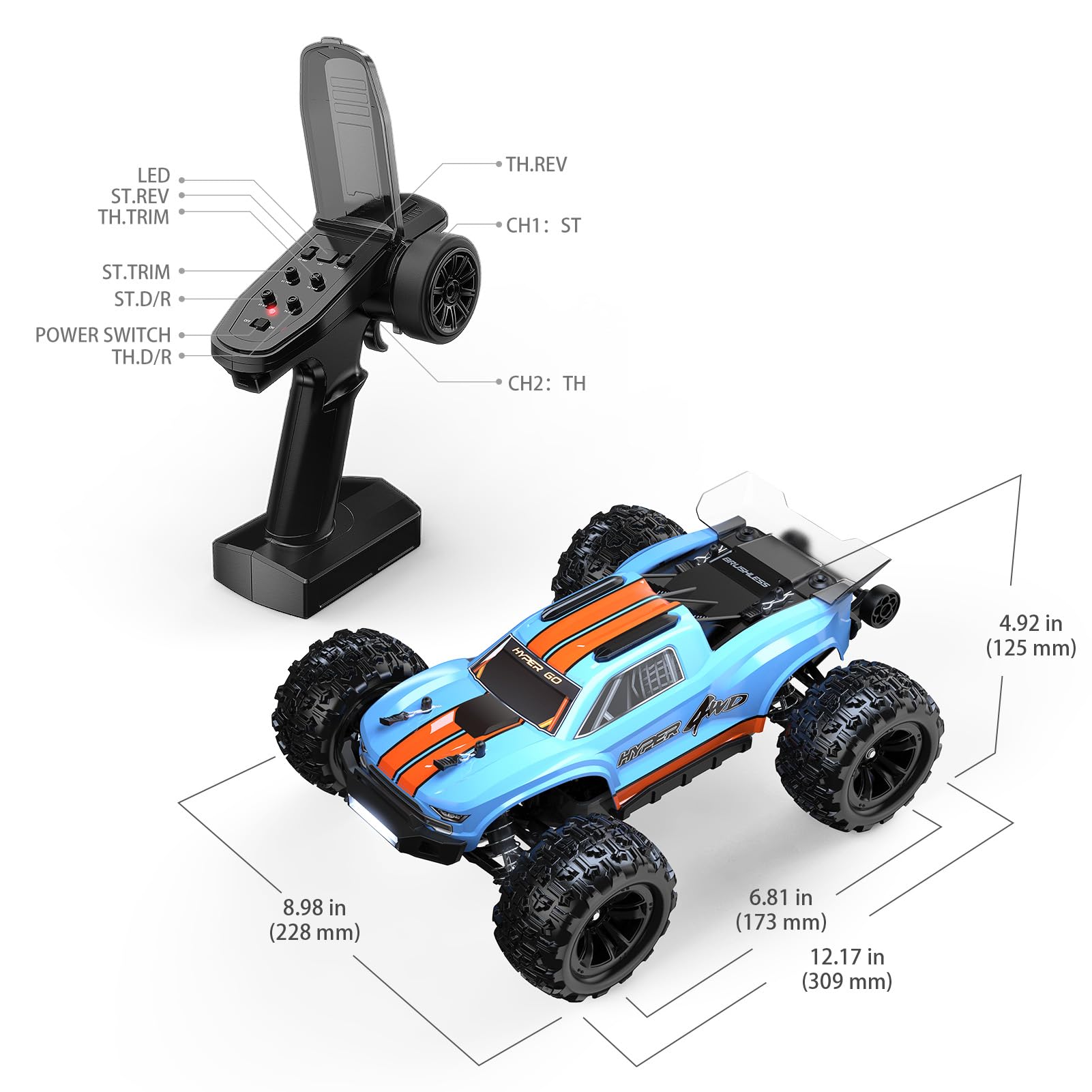 MJX Hyper GO H16MT transmitter close-up demonstrates adjustable speed for beginners.
