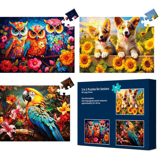 Mjyphdm 3-pack large-piece puzzles with storage bags for seniors support organized, easy sessions