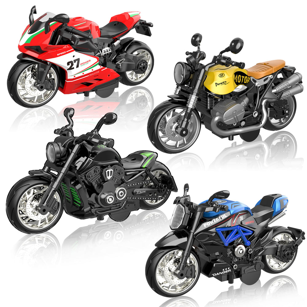 MLcnleS alloy diecast motorcycle front view, four-pack display and collectability