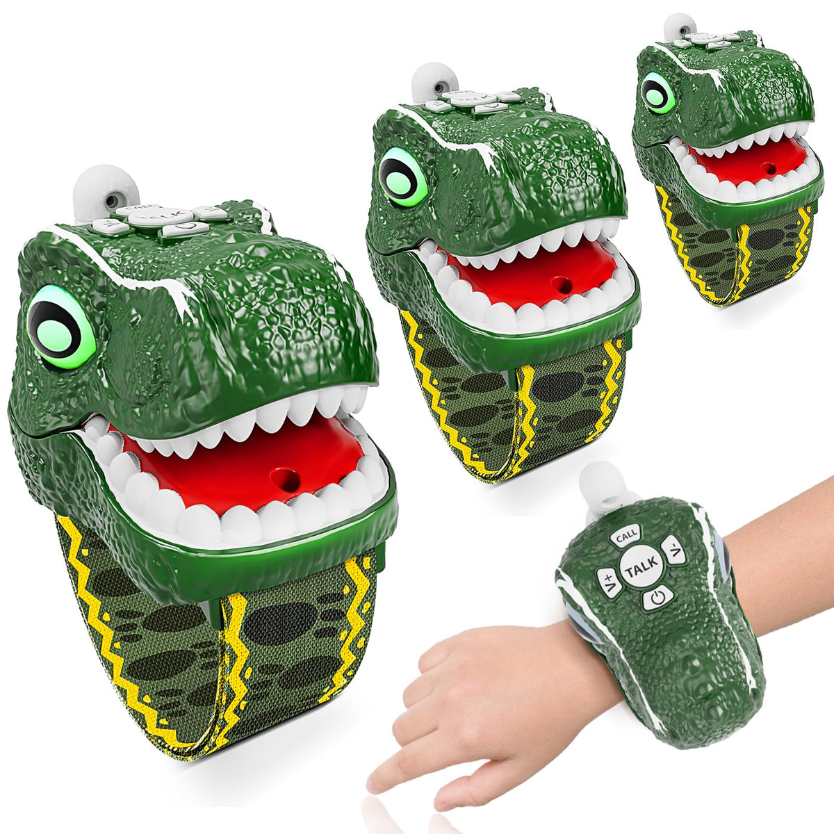 MLDKA Dinosaur Walkie Talkies 3-Pack front view, engaging dinosaur design for kids' adventures