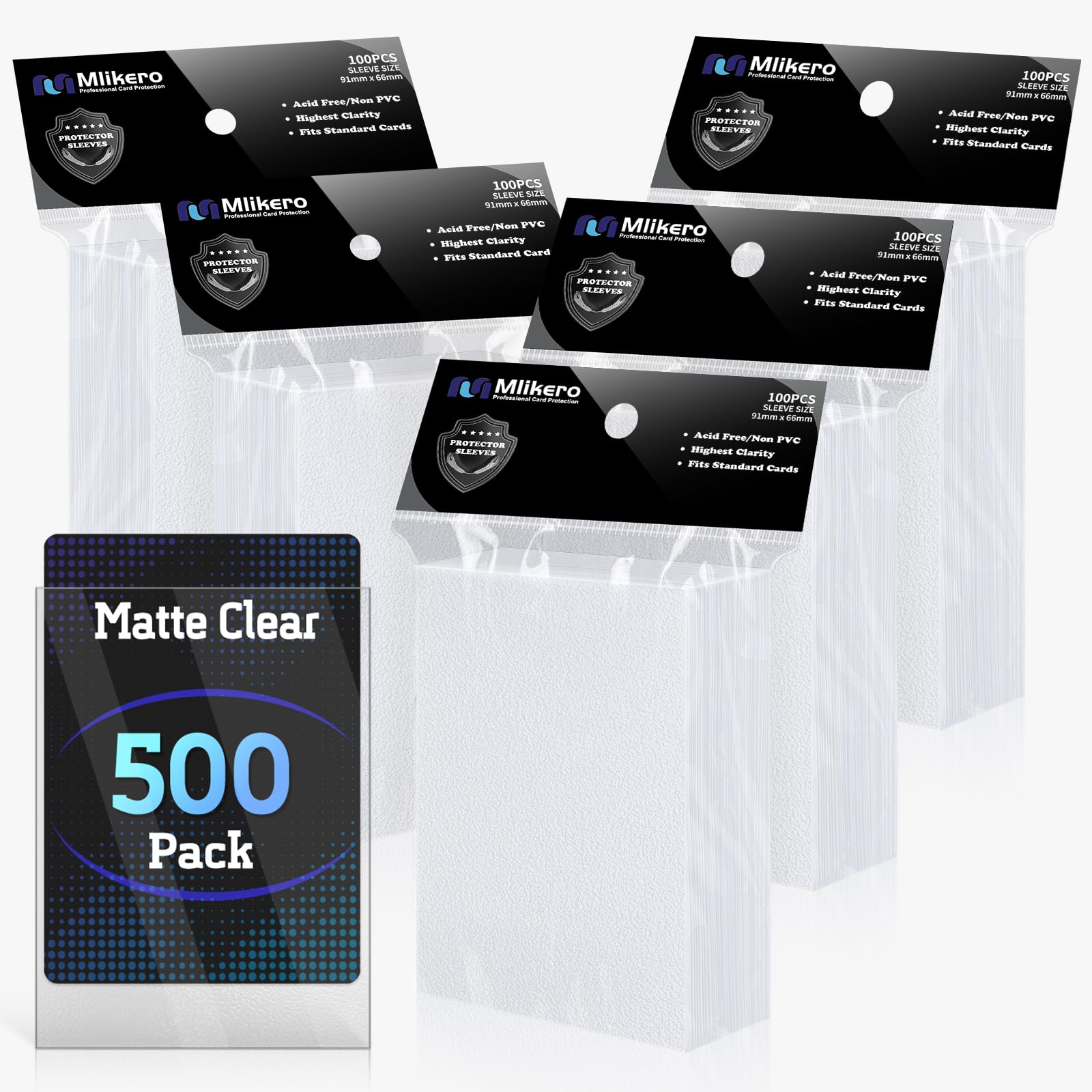 Mlikero 500-pack card sleeves for MTG and sports cards offering dust and wear protection.