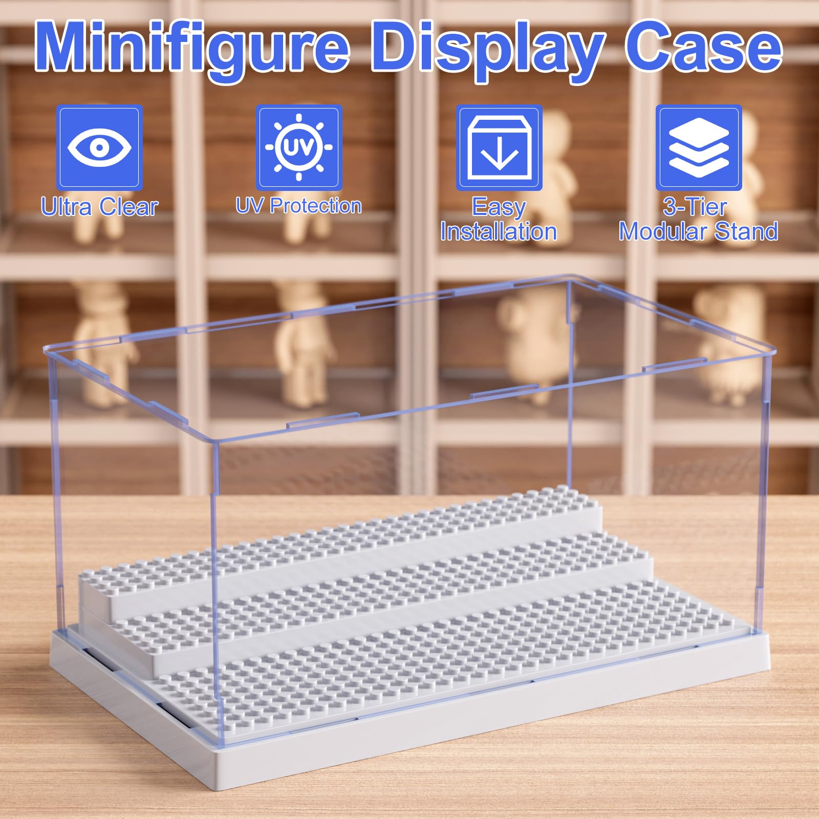 Mlikero display case has 3 movable steps for organized figure arrangement.