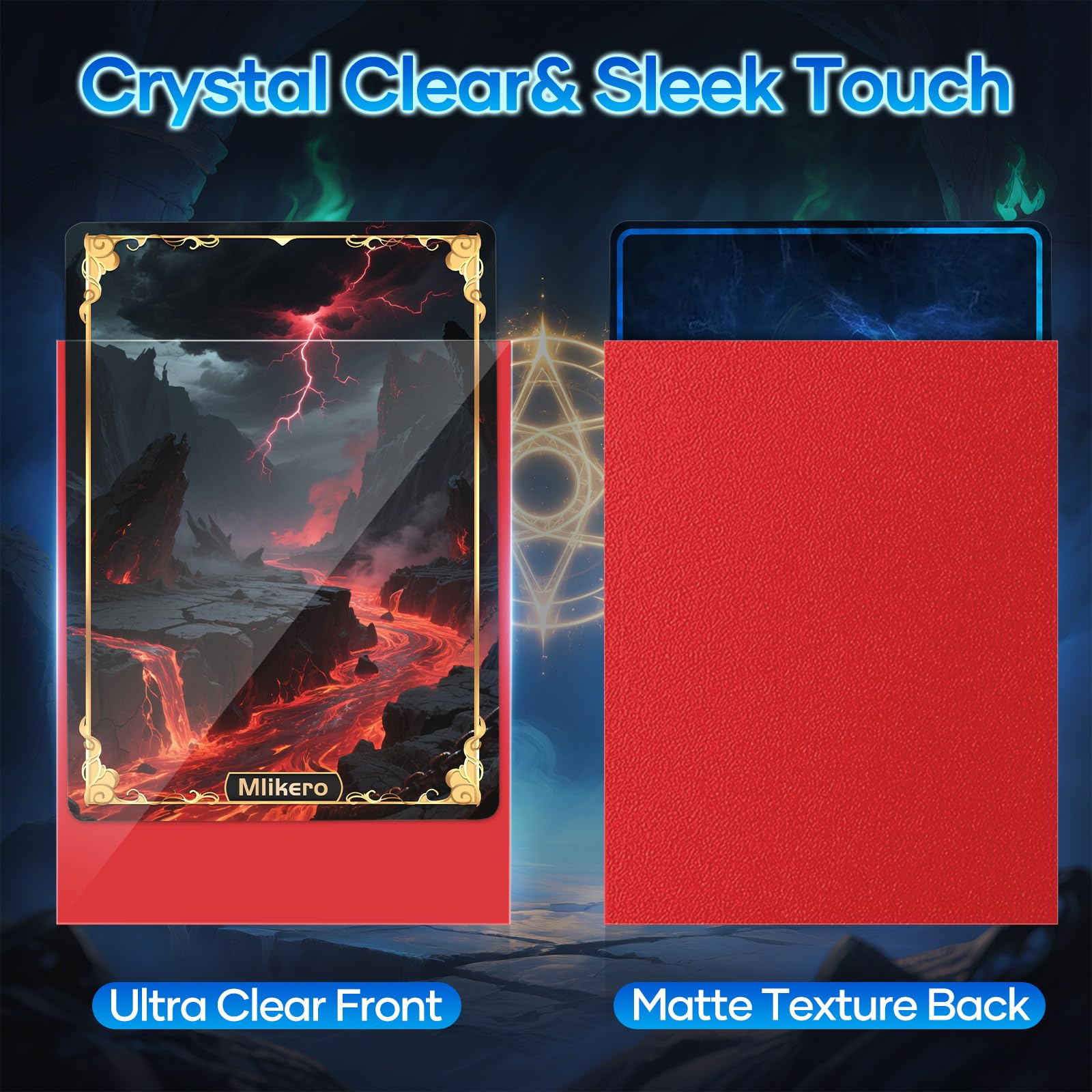 Mlikero red matte sleeves stacked for easy collection storage.