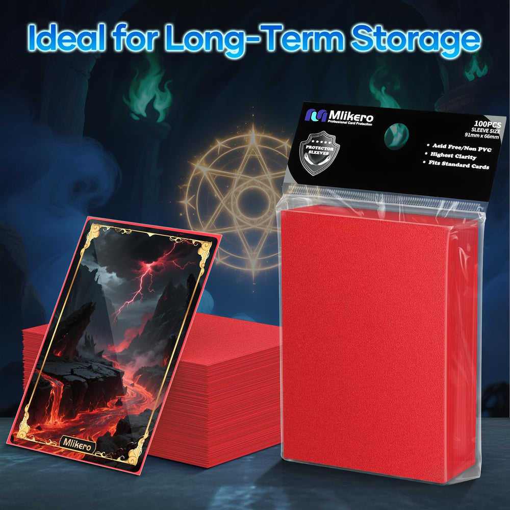 Mlikero red matte sleeves help organize a deck collection.
