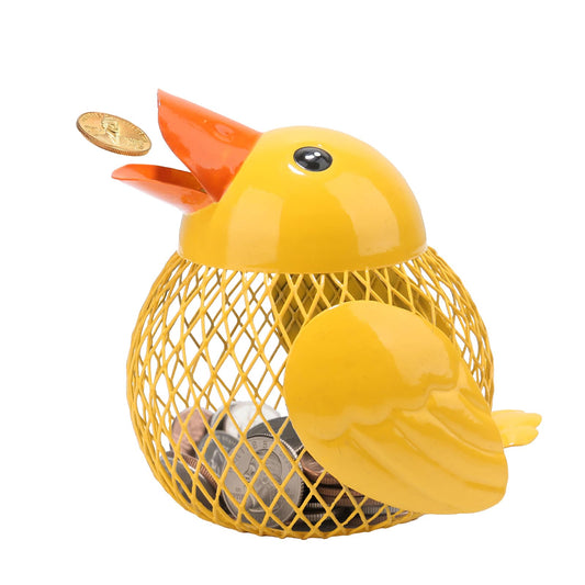 Mloarts duck piggy bank front view, a cute metal saver for easy daily deposits.