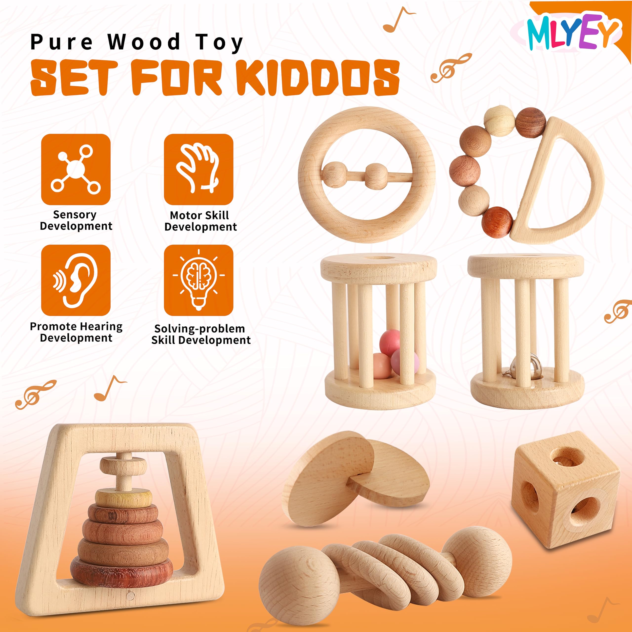 MLYEY bell roller provides a gentle chime for auditory play.