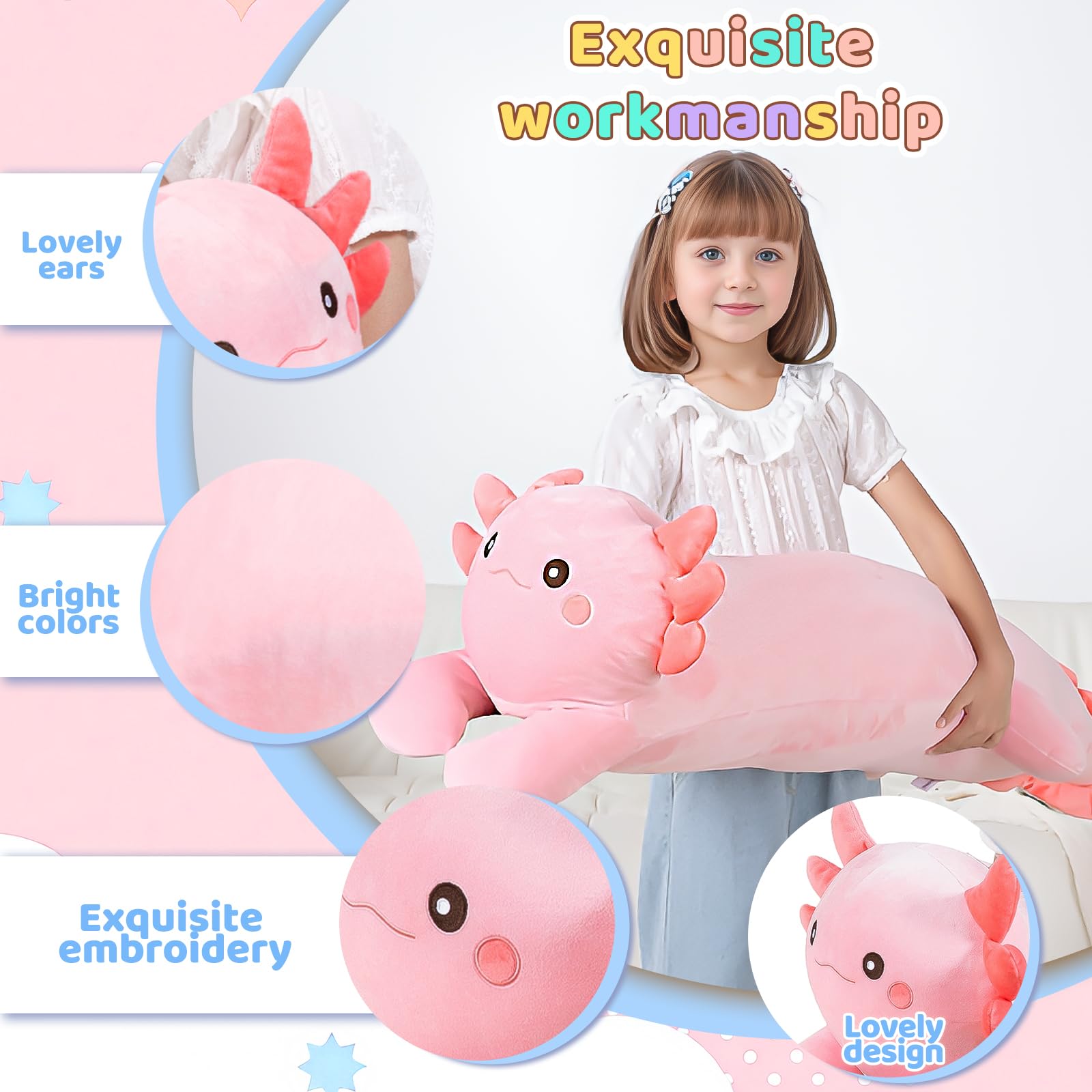 MMguai axolotl embroidered eyes and nose for child-safe snuggles