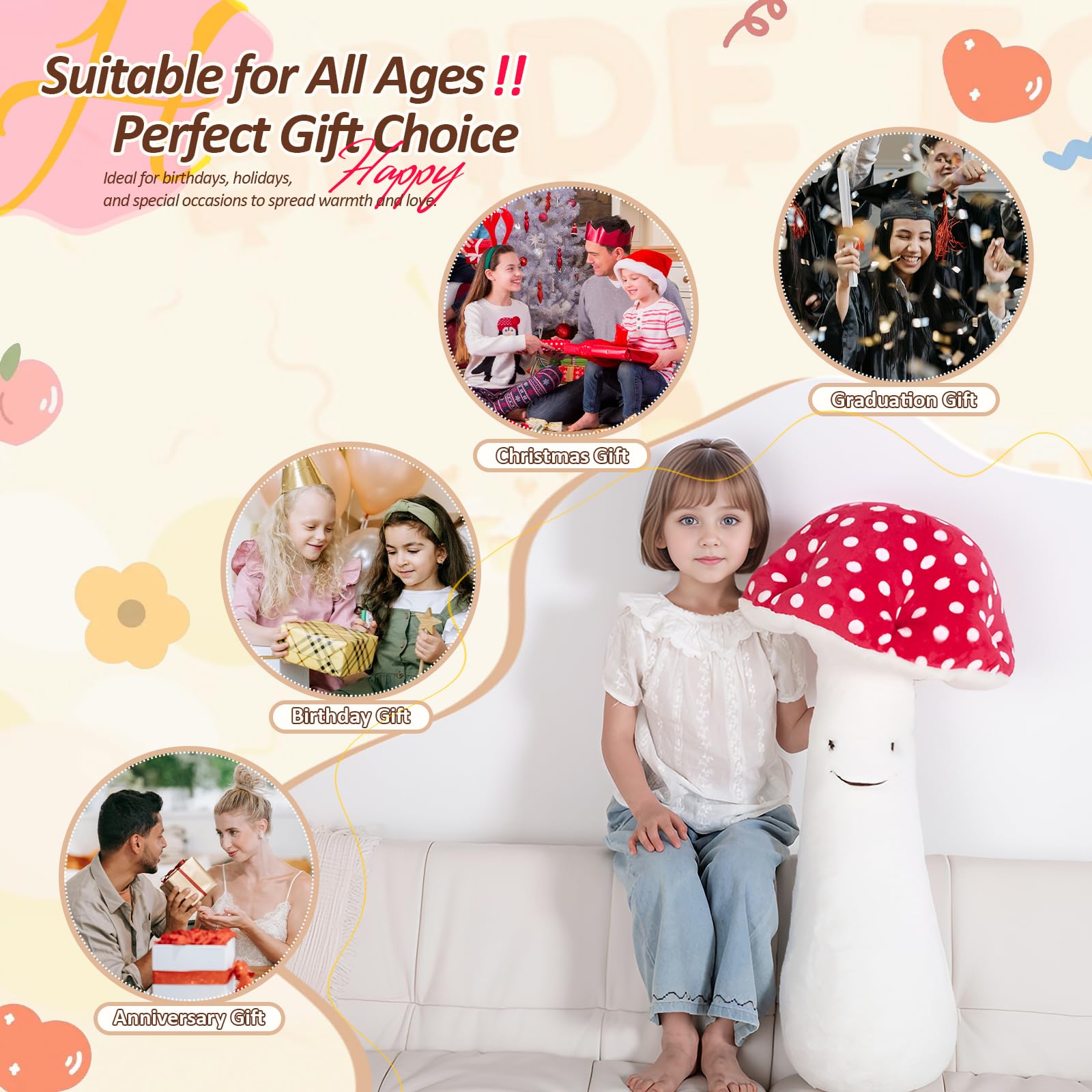 Child hugs MMguai mushroom plush for comforting cuddle.