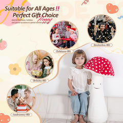Child hugs MMguai mushroom plush for comforting cuddle.