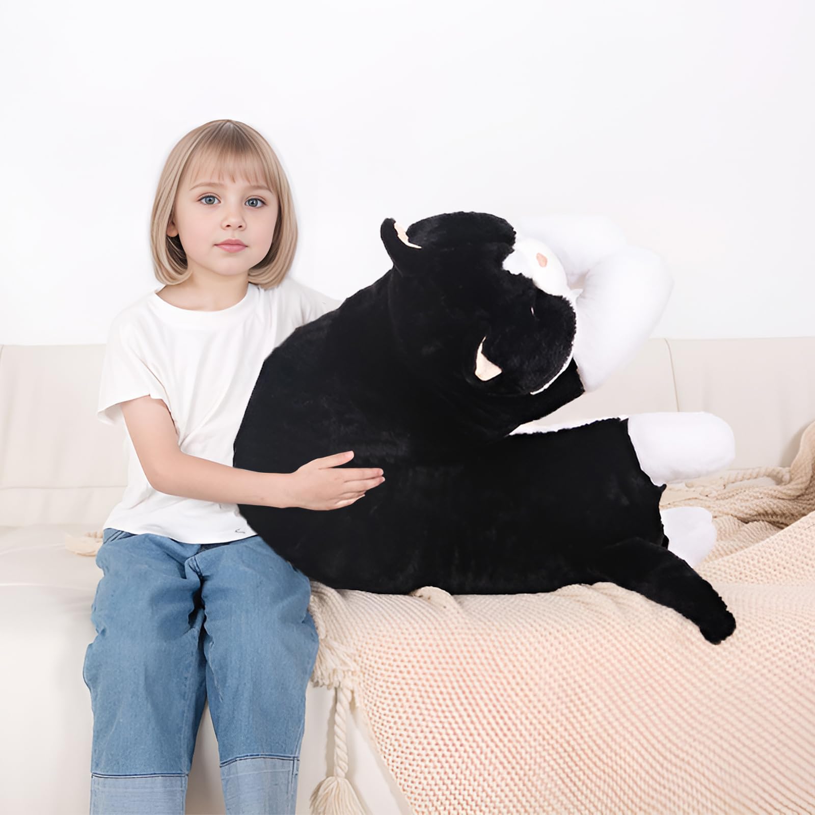 MMguai giant black cat plush with long body supports comfy seating