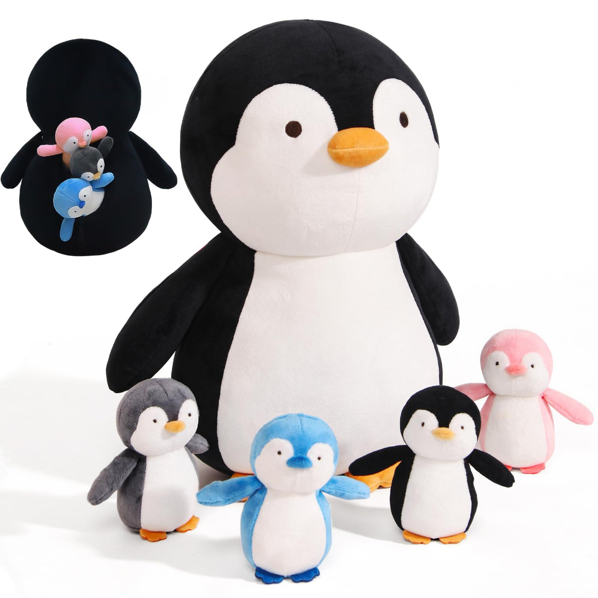 MMguai mommy penguin plush with open tummy revealing four babies for cozy cuddles
