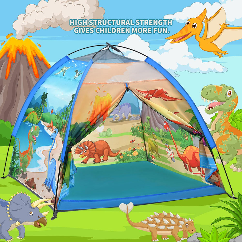 Mnagant Dinosaur World tent assembly with fiberglass poles for quick setup.