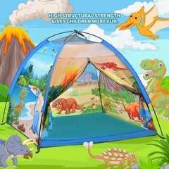 Mnagant Dinosaur World tent assembly with fiberglass poles for quick setup.