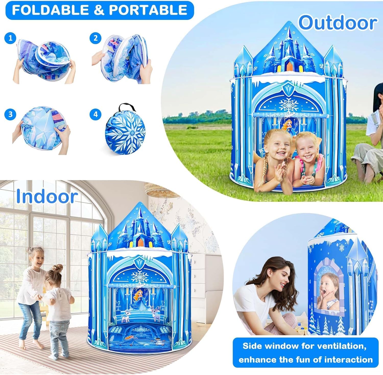 Mnagant Princess Play Tent mesh windows provide ventilation and peekaboo play.