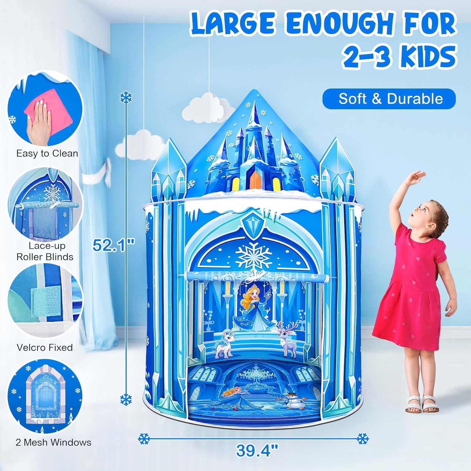 Mnagant Princess Play Tent rolling door with Velcro for easy access.