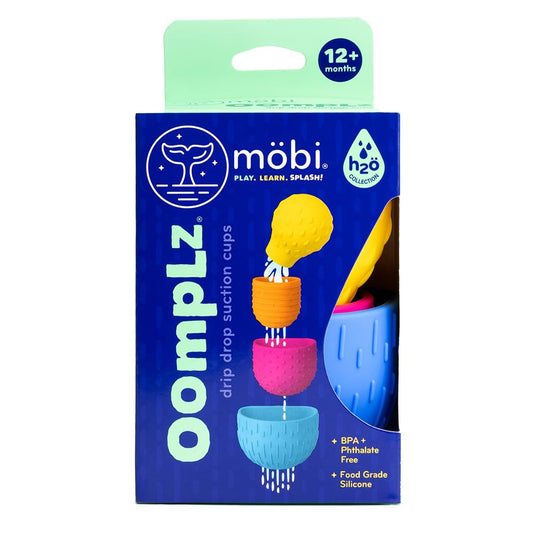 MÖBI Mobi Oomplz stacking cups in bath promote fine motor skills and exploration.