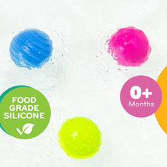 MÖBI Wooshlz colorful bath balls shown in tub for engaging sensory play.