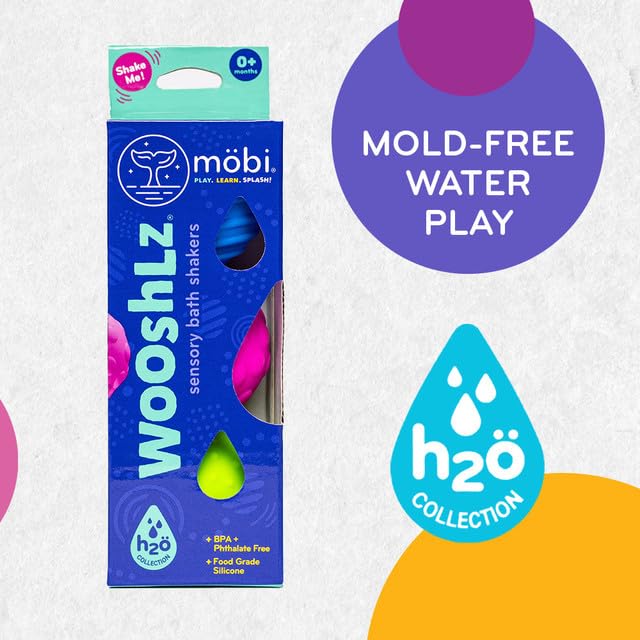 MÖBI Wooshlz rattling sounds attract toddler attention during bath time.