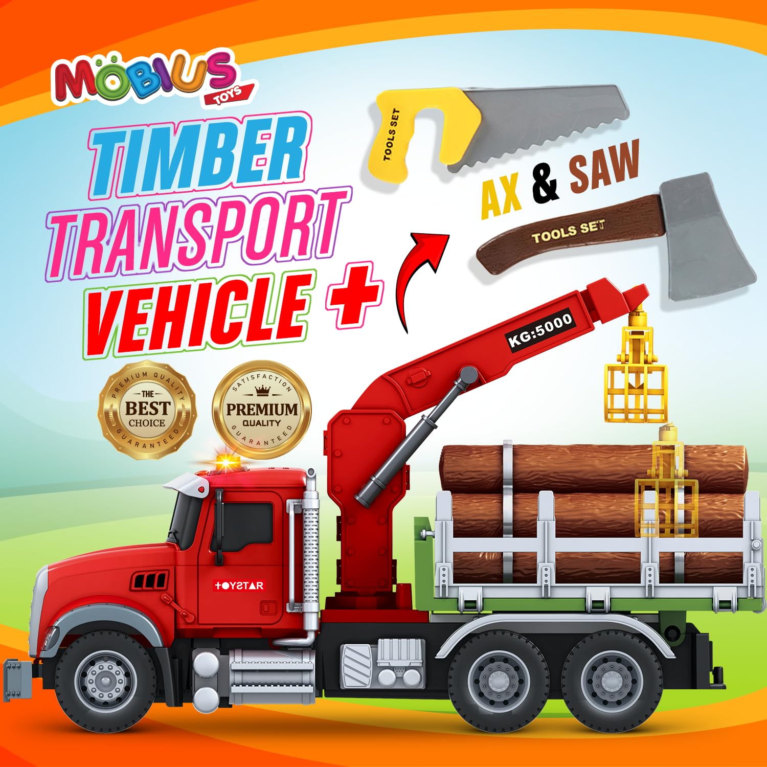 MOBIUS Timber Log Truck includes ax and saw for creative pretend carpentry