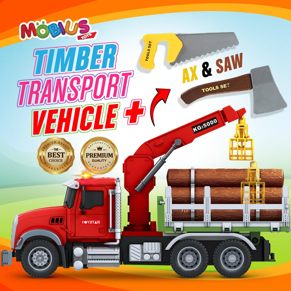 MOBIUS Timber Log Truck includes ax and saw for creative pretend carpentry