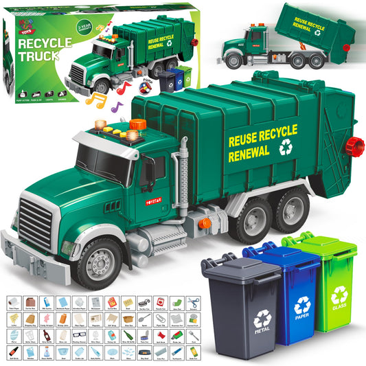 Mobius Toys garbage truck with pump‑action lift for interactive play.
