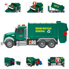 Mobius Toys garbage truck rear door opens to reveal waste bins.