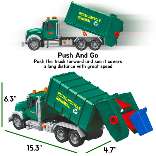 Mobius Toys trash truck side container lowering for realistic disposal action.