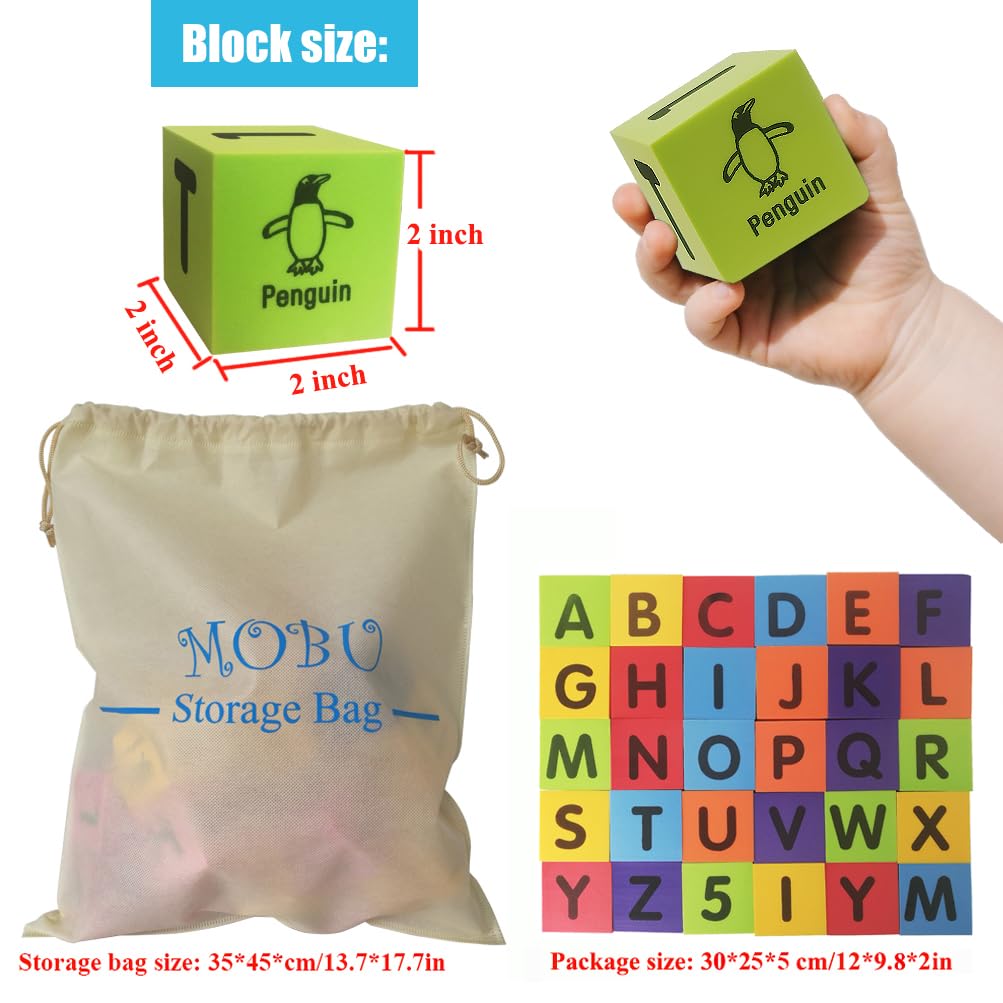 MOBU foam blocks showing letters A-Z for alphabet learning