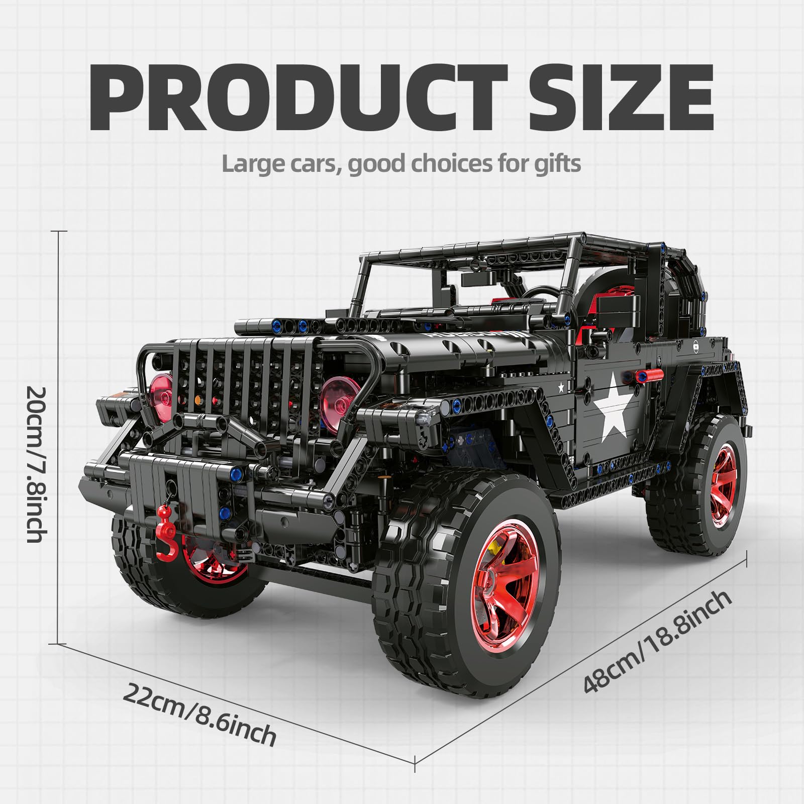 MOCBROPCS RC Off-Road SUV Wrangler LED lights enhance night play and display appeal.