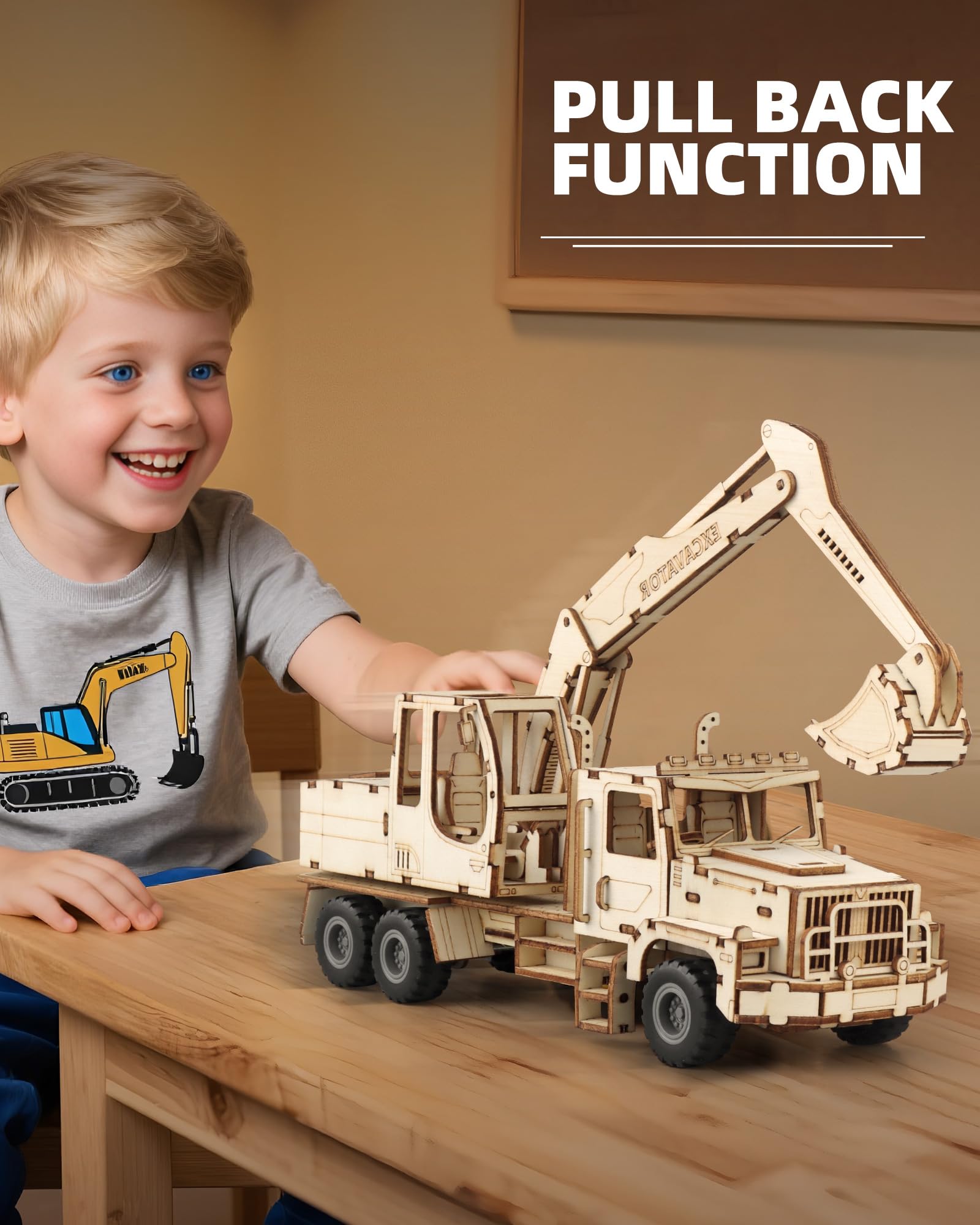 MOCBURIKU Pull-back excavator puzzle demonstrates fun, motion-ready play.