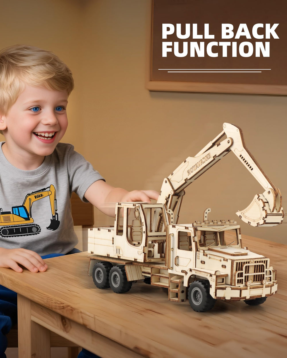 MOCBURIKU Pull-back excavator puzzle demonstrates fun, motion-ready play.