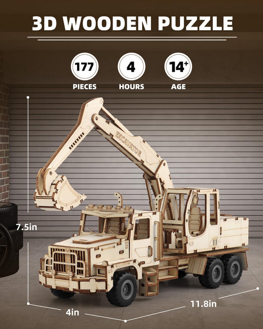 MOCBURIKU Excavator puzzle close-up shows laser-cut wooden parts for smooth building.
