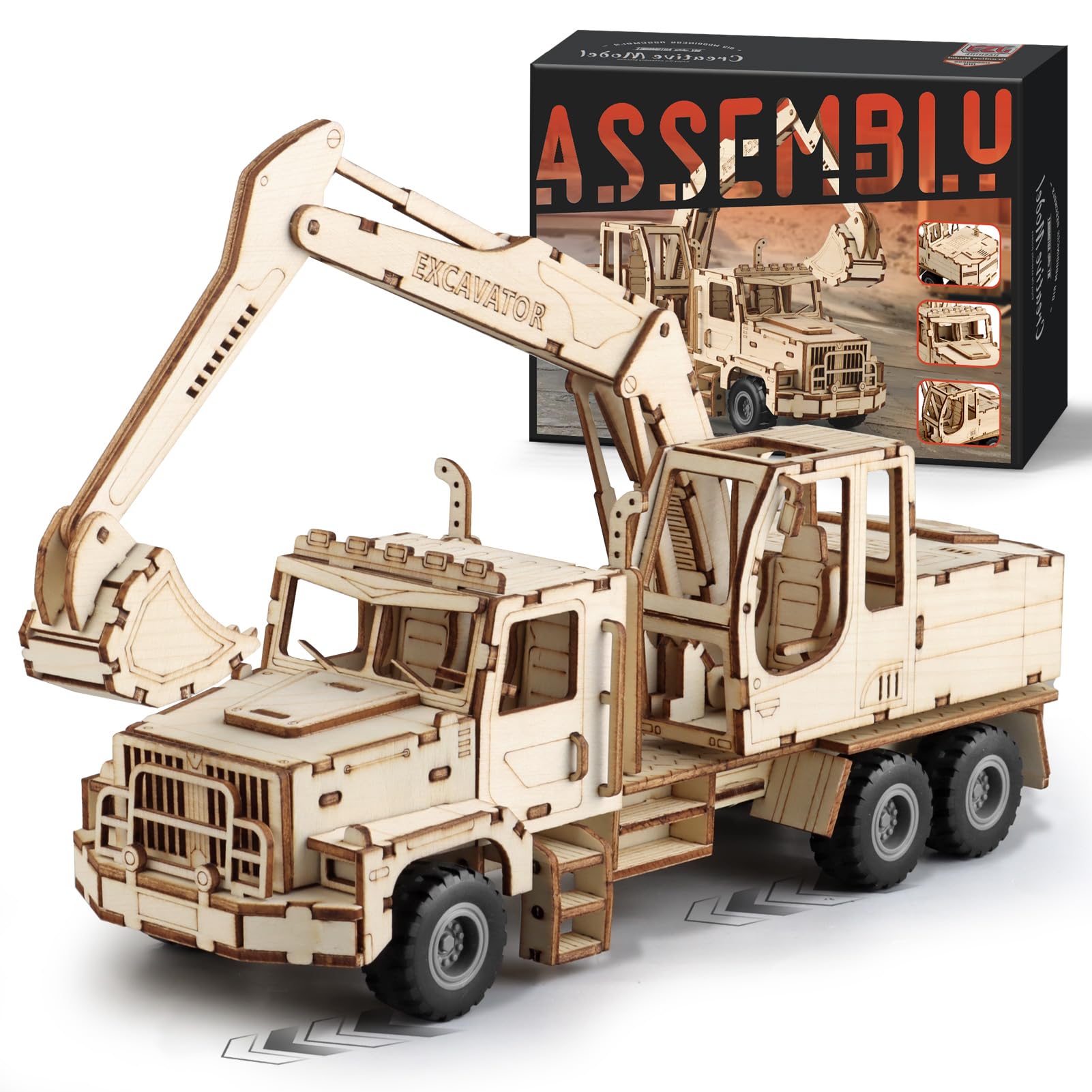 MOCBURIKU Excavator puzzle parts laid out for precise assembly and calm focus.
