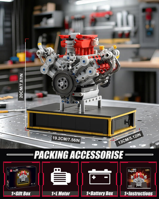MOCBURIKU Mini V8 engine parts close-up for accurate assembly and curiosity.